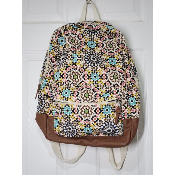 Unbranded Handbags - Colorful Mosaic Print Canvas Daypack with Faux Leather Trim & Front Pocket